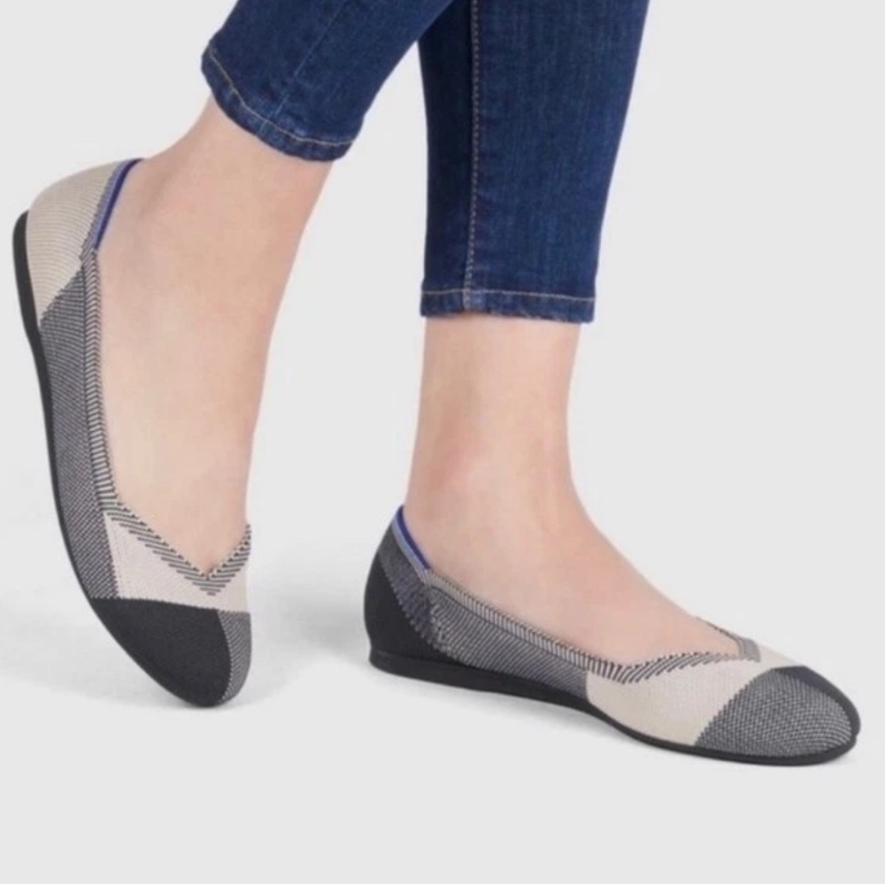 Rothy's Flats Women 7.5 The Flat Cap Round Toe Ballet Cream Black Plaid Slip On